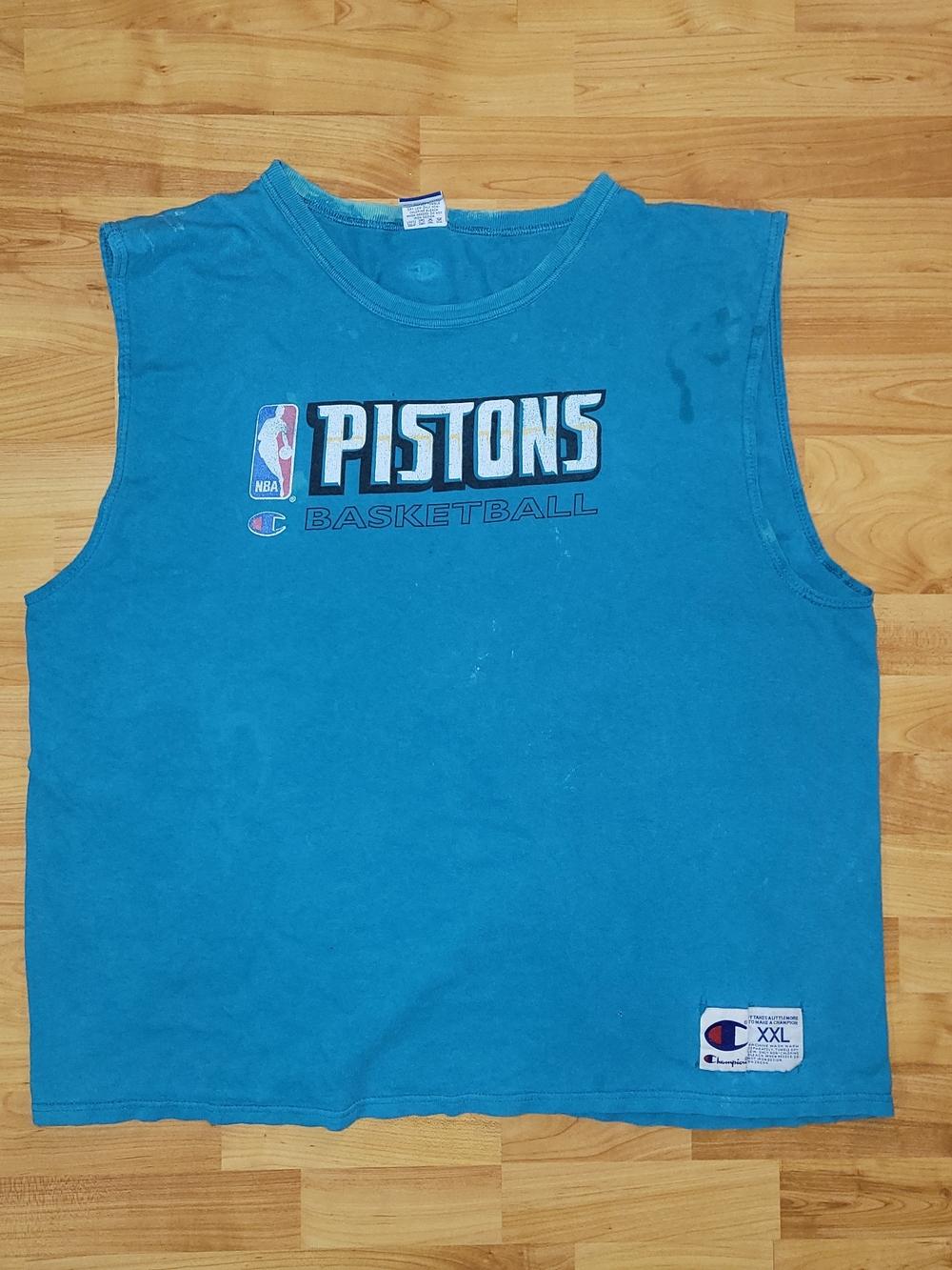 Vintage Champion Detroit Pistons NBA THRASHED Teal Basketball Tank Top 2XL